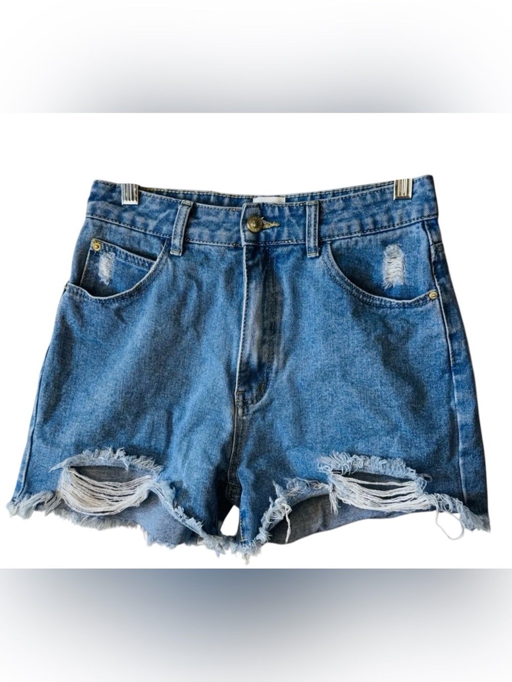 Princess Polly High Rise 11” Ripped‎ Frayed Medium Wash Denim Shorts Size 4